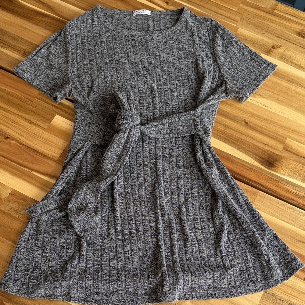 Gray Rib-Knit Tie-Waist Crewneck Sweater Dress